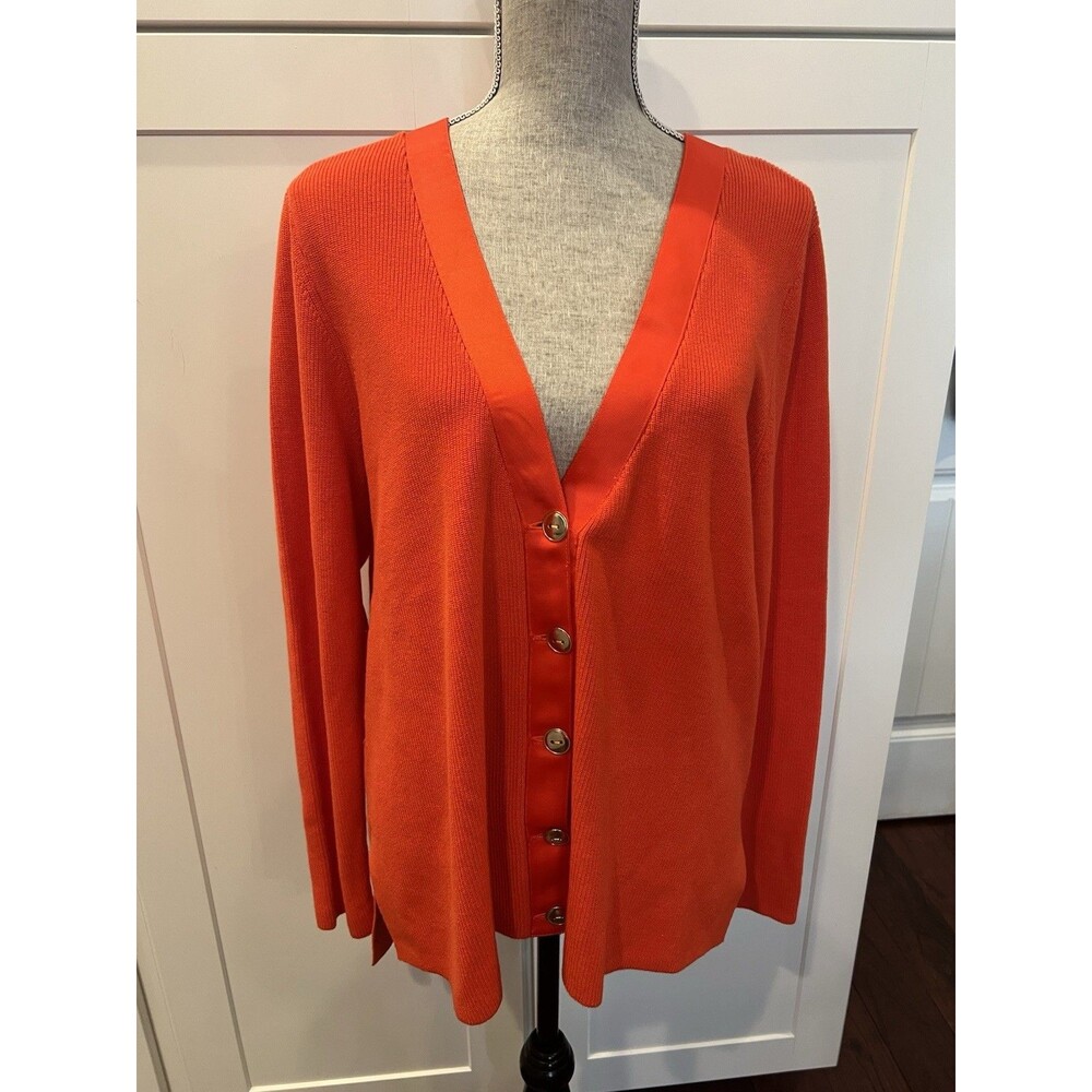 Talbots Women’s Orange Knit Cardigan Sweater V-Neck Button Front Cotton Blend